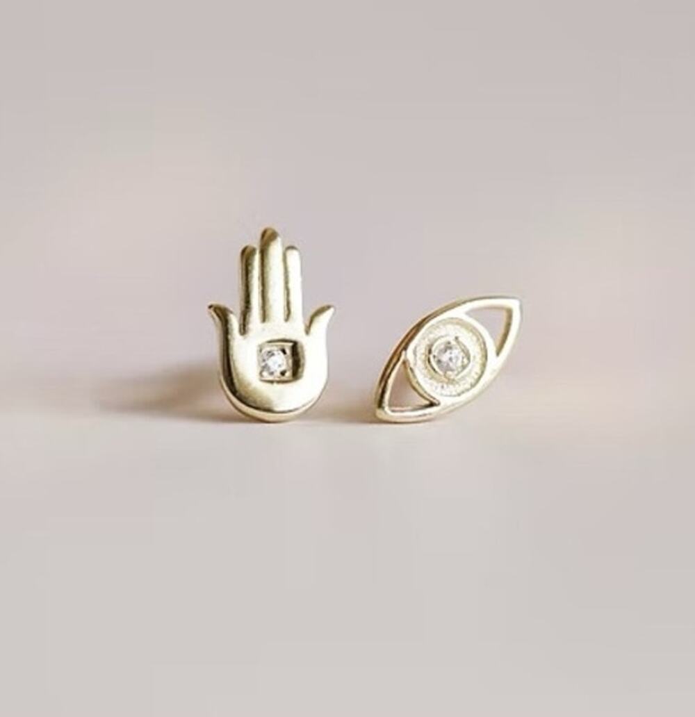 NEW ANTHROPOLOGIE 18kt Gold Vermeil Hamsa Hand Evil Eye Stud Earring Set Jewelry